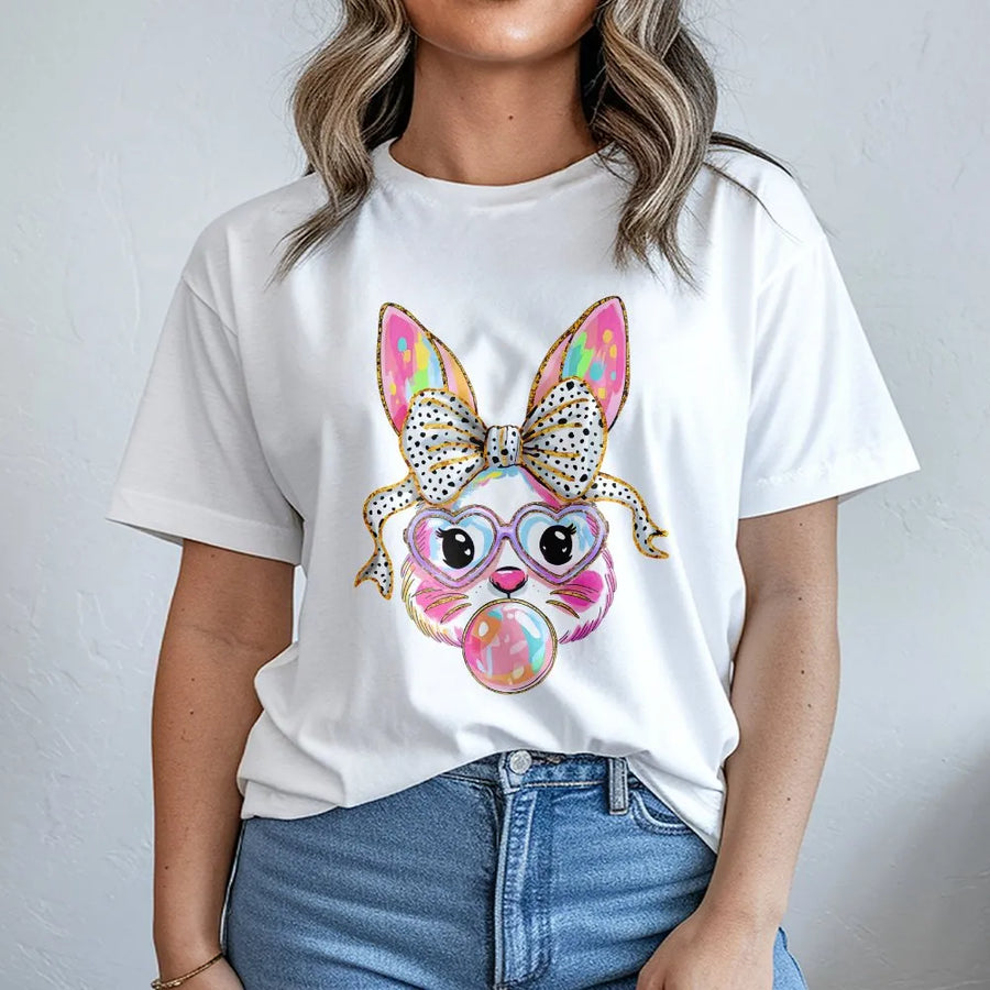 Bubble Bunny Graphic T-Shirt | Cute Easter Rabbit with Heart Glasses and Bow | 100% Cotton Premium Apparel | Fun Spring Gift for Women and Kids