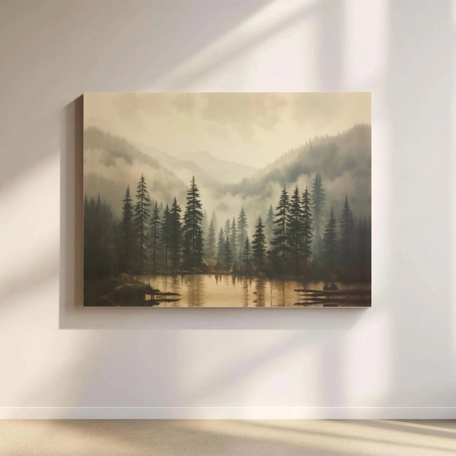 Misty Pine Forest Wall Art | Moody Mountain Lake Landscape Print | Premium 1.25” Gallery Wrap Canvas | Modern Nature Home Decor