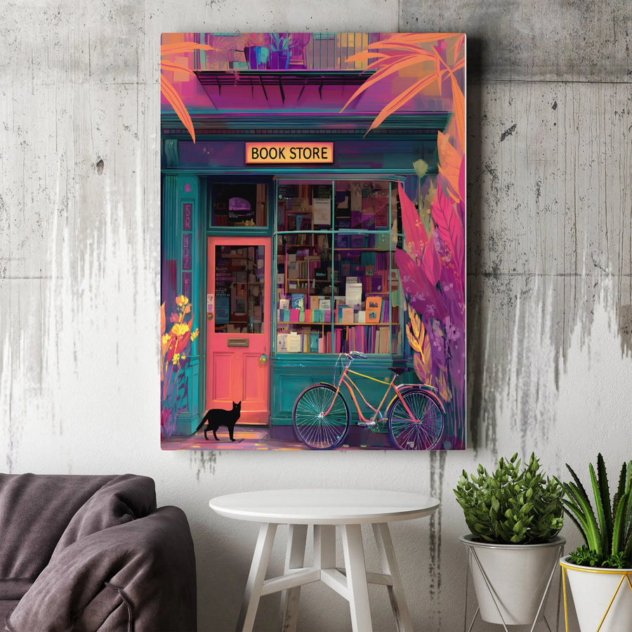 Bookstore Canvas Wall Art | Vibrant Library Night Scene With Black Cat | 1.25" Premium Gallery Wrapped Print | Book Lover Home Decor Gift