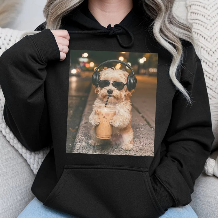 Funny Havanese Hoodie | Dog with Headphones Drinking Coffee Meme | Soft Cotton Graphic Tee | Gift for Dog Mom Lover