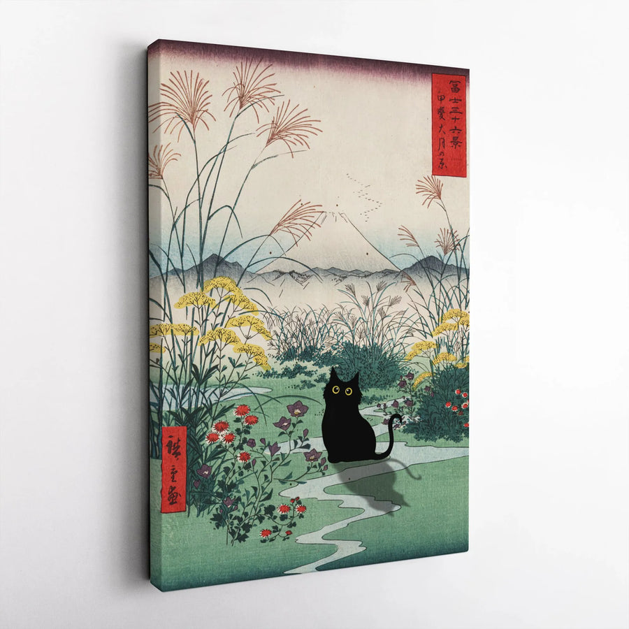 Japanese Black Cat Canvas Wall Art | Vintage Ukiyo-e Woodblock Style Print with Mt Fuji | Premium Thick Gallery Canvas | Collector's Gift for Cat Lovers