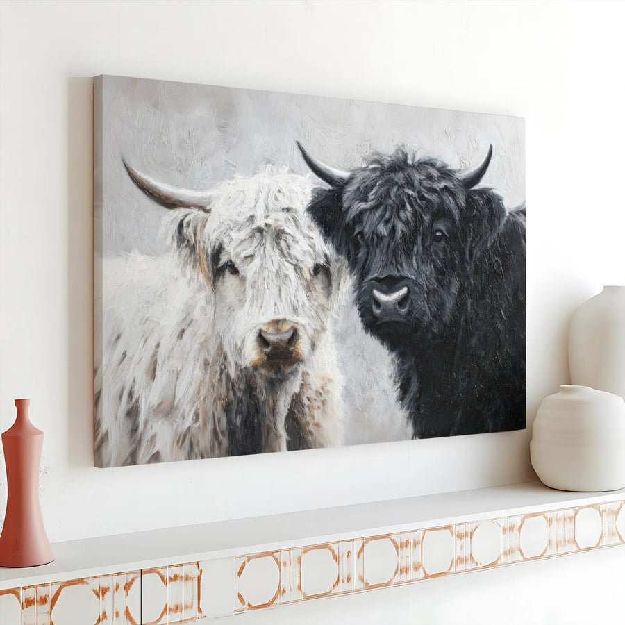Highland Cow Canvas Wall Art | Black and White Cow Painting Print | Premium Gallery Wrap Canvas | Rustic Farmhouse Wall Decor Gift