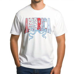 Coquette 4th of July T-Shirt | Retro America Bow Graphic | Soft Cotton USA Tee | Cute Patriotic Independence Day Gift for Her