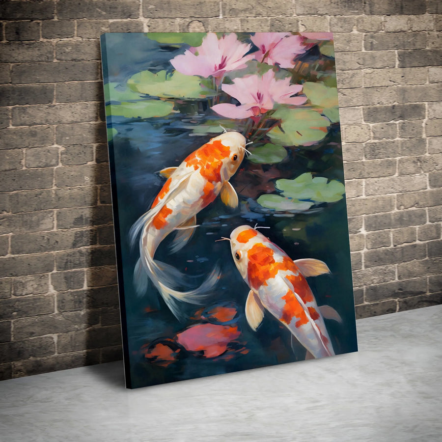 Koi Fish Canvas Wall Art | Zen Pond Painting with Pink Lotus Flowers | Premium 1.25 Inch Gallery Wrap | Peaceful Nature Home Decor Gift