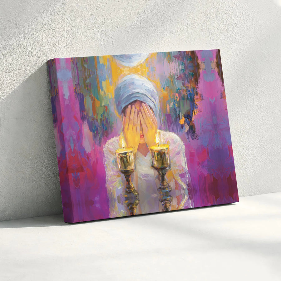 Jewish Woman Lighting Shabbat Candles Canvas | Abstract Oil Style Wall Art | Premium Gallery Wrapped Print | Judaica Home Decor Gift