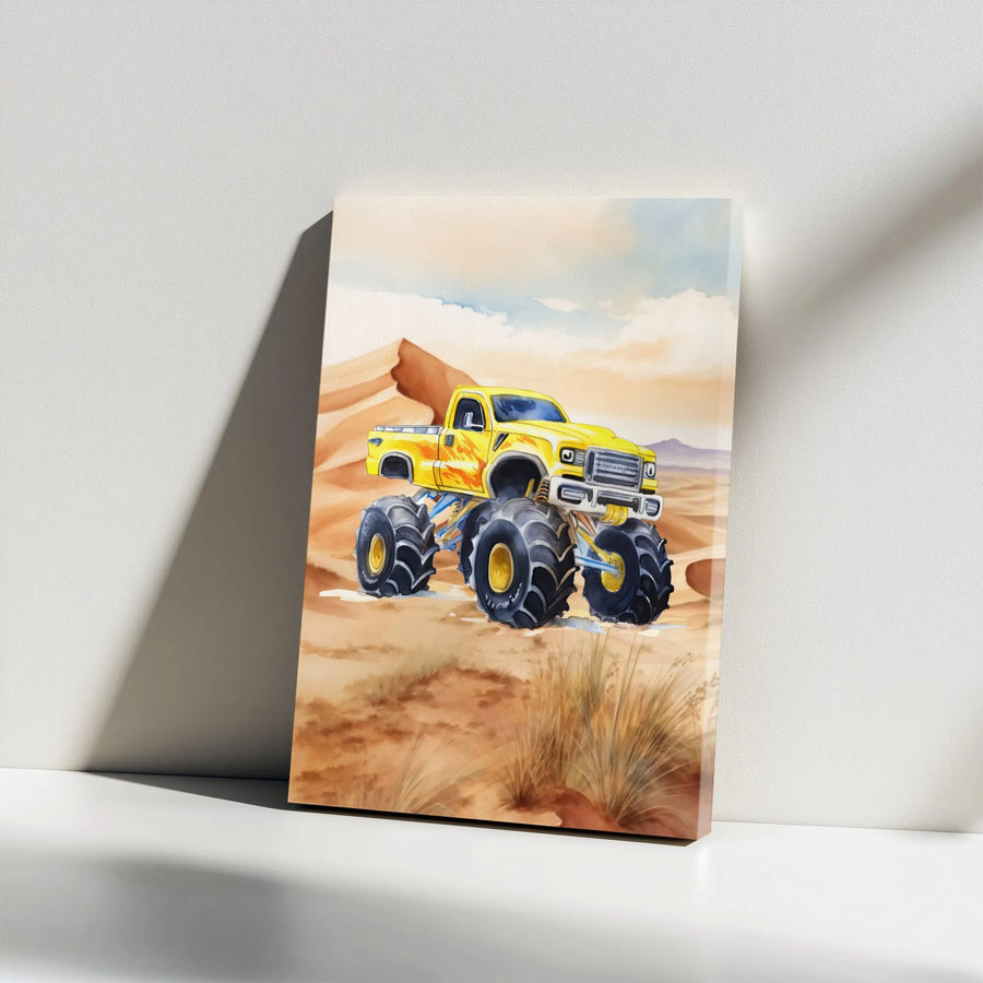 Yellow Monster Truck Canvas Art | Watercolor Desert Sand Dunes Print | 1.25-Inch Gallery Wrap | Boys Bedroom Decor & Car Enthusiast Gift