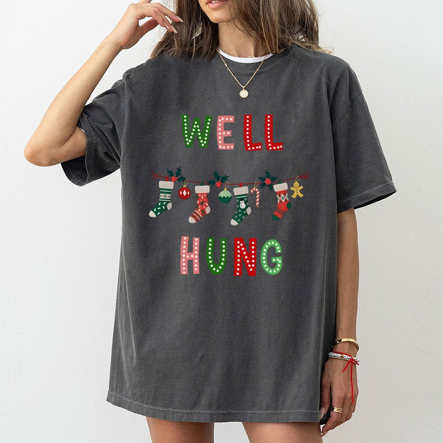 Well Hung Christmas T-Shirt | Funny Holiday Stocking Graphic | Premium 100% Cotton Tee | Naughty Gift for Couples & Dirty Santa Party