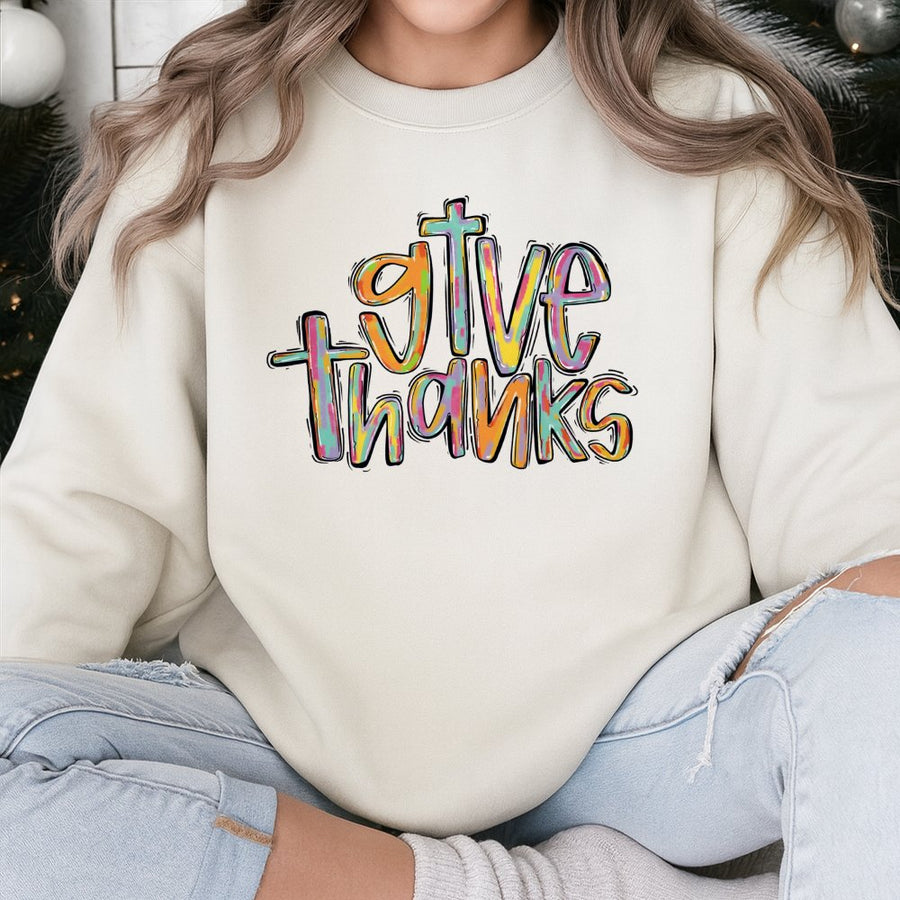 Give Thanks Cross Sweatshirt | Colorful Brushstroke Christian Apparel | Premium Cotton Blend | Faith Based Fall Gift for Women & Men