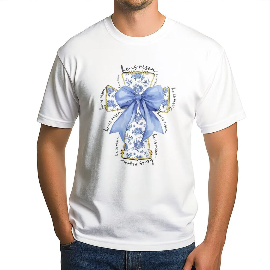 He Is Risen T-Shirt | Blue Floral Cross & Bow Graphic | 100% Cotton Premium Tee | Christian Easter Gift for Women