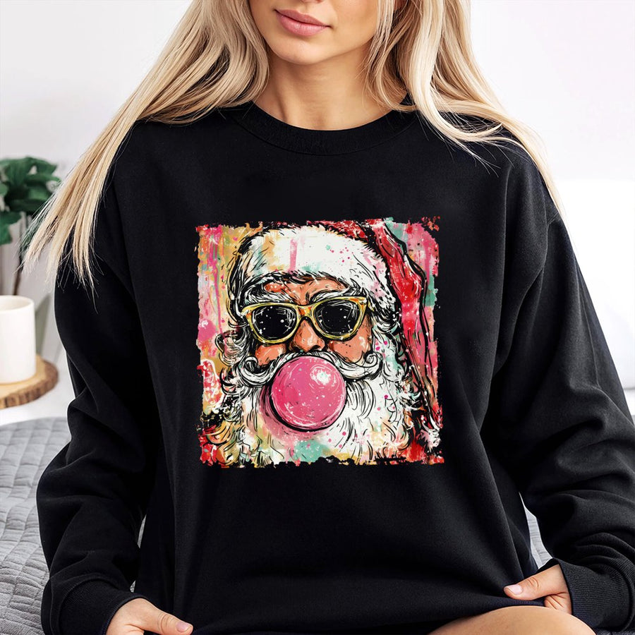 Cool Santa Christmas Sweatshirt | Bubble Gum Graphic Retro Design | Premium Cotton-Poly Blend | Unisex Holiday Gift for Men and Women