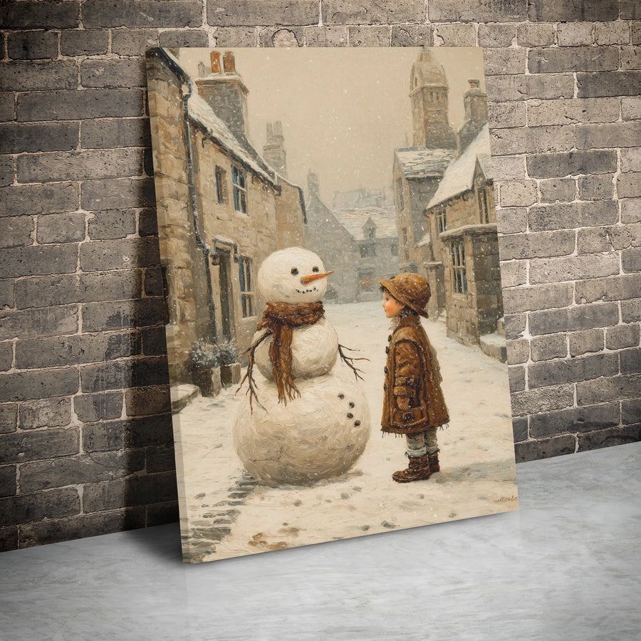 Snowman Canvas Wall Art | Nostalgic Winter Village Scene Painting | Premium Gallery Wrap Decor | Holiday Gift for Christmas Home