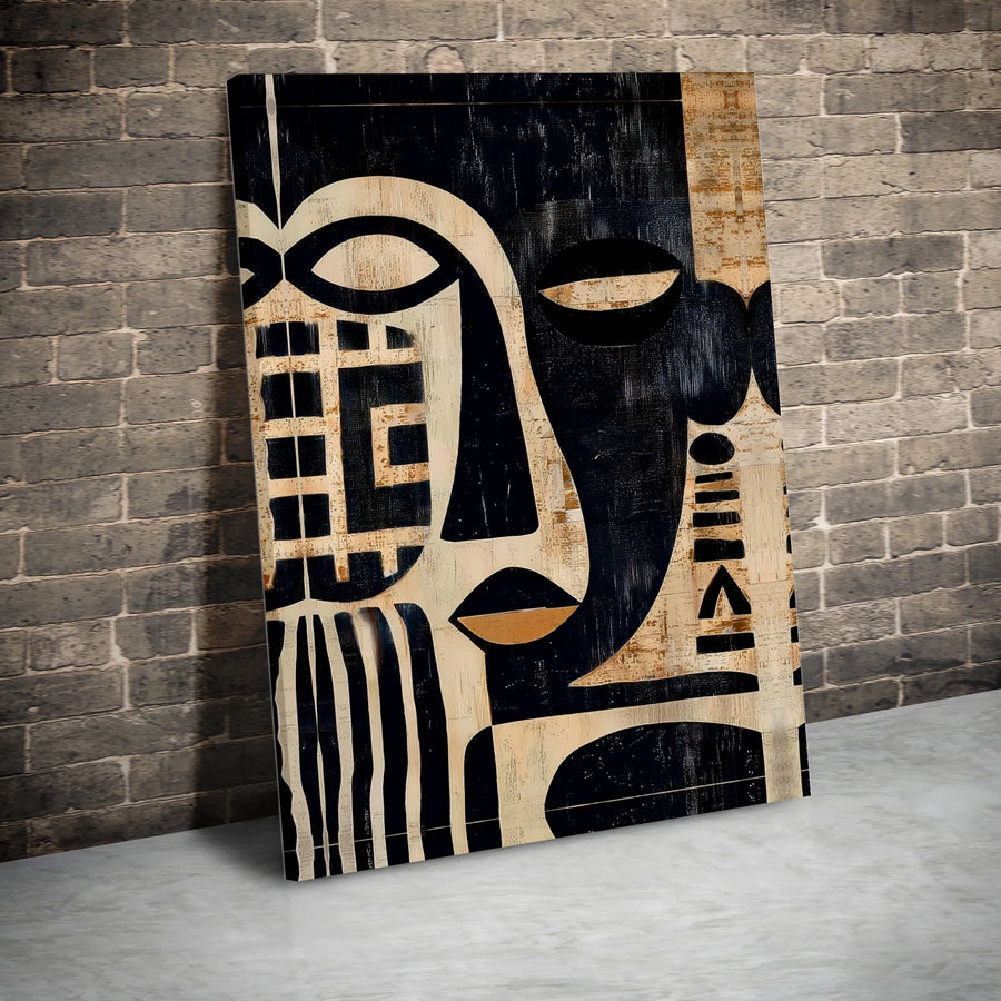 Abstract Tribal Mask Canvas Art | Modern Cubist Portrait with Geometric Lines | Premium Thick Gallery Wrapped Canvas | Modern Home & Office Decor Gift