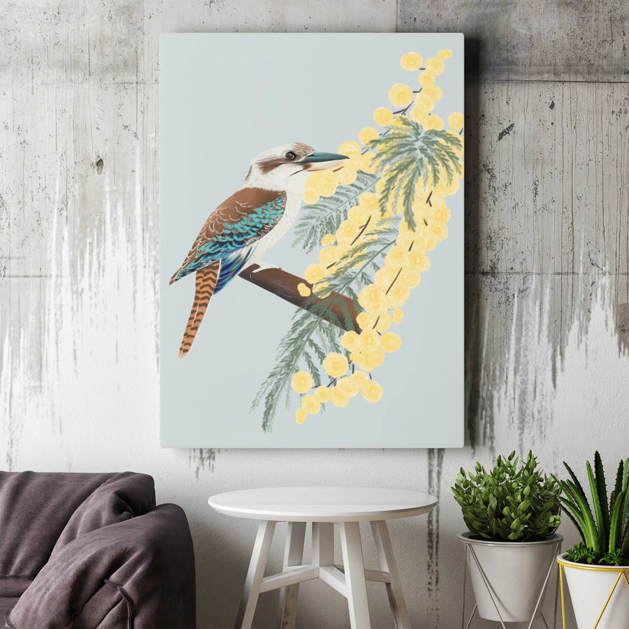 Australian Kookaburra Wall Art | Native Wattle Flower Illustration | Premium Gallery Wrapped Canvas | Nature Lover Gift Home Decor