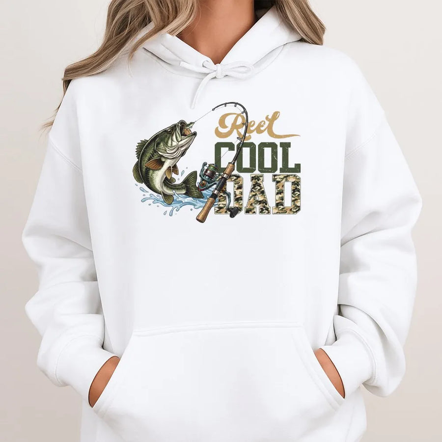 Reel Cool Dad Fishing Hoodie | Bass Fish & Rod Graphic | Premium Cotton Blend | Gift for Fisherman Dad