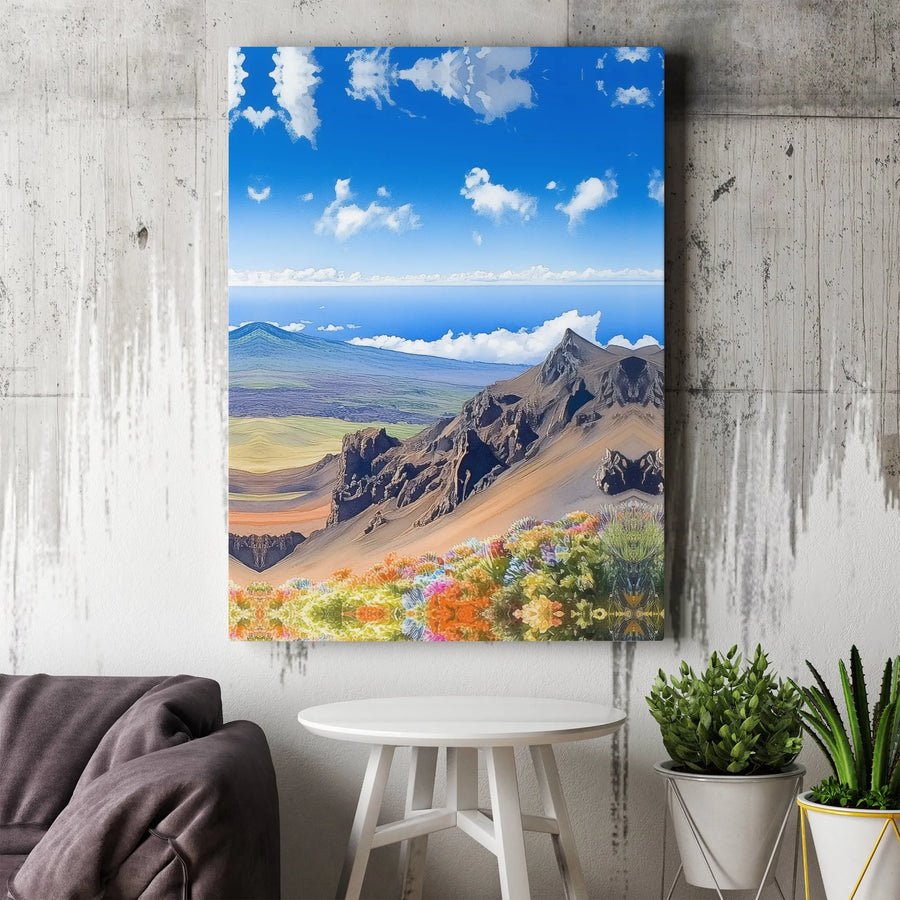 Mountain Landscape Canvas Print | Vibrant Floral Valley & Ocean View | 1.25 Inch Premium Gallery Wrap | Nature Art For Home Decor