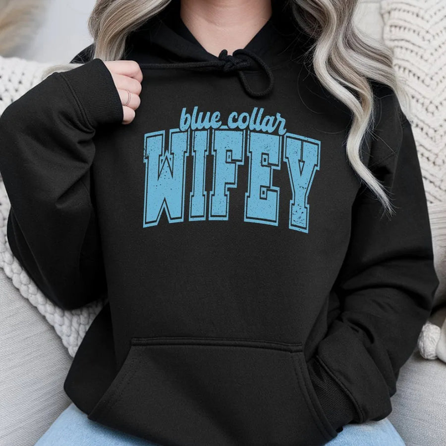Blue Collar Wifey Hoodie | Retro Varsity Text | Cozy Cotton Blend Pullover | Gift for Blue Collar Wife
