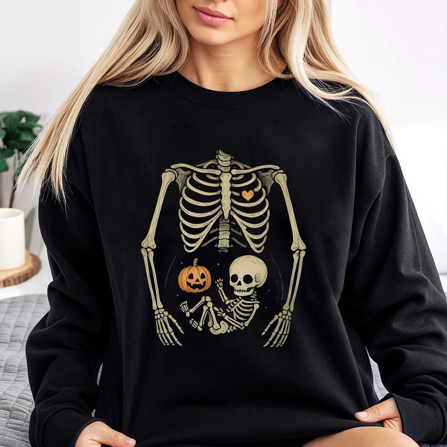 Skeleton Halloween Maternity Sweatshirt | Pumpkin Baby Bump Graphic | Cotton-Poly Blend | Spooky Pregnancy Announcement Gift for Expecting Mom