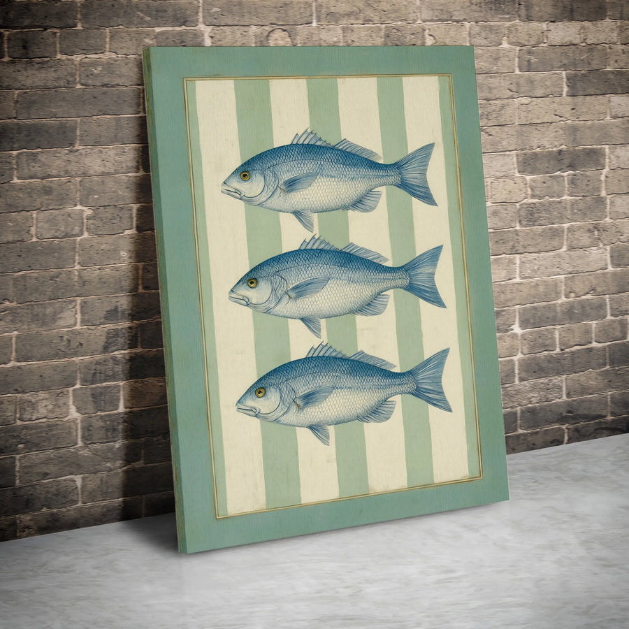 Vintage Fish Canvas Wall Art | Coastal Striped Nautical Print | Premium 1.25" Thick Gallery Wrap | Beach House & Bathroom Decor Collector's Gift