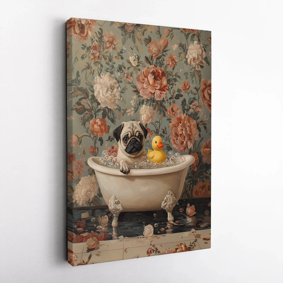 Pug Dog Bathing Canvas Print | Cute Puppy In Bathtub With Floral Art | Premium Fade-Resistant Wall Decor | Whimsical Animal Lover Gift