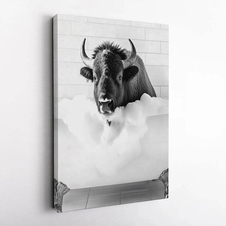 Funny Bison in Bathtub Canvas Wall Art | Whimsical Black and White Animal Art | Premium Gallery Wrapped Canvas | Unique Bathroom Decor Gift