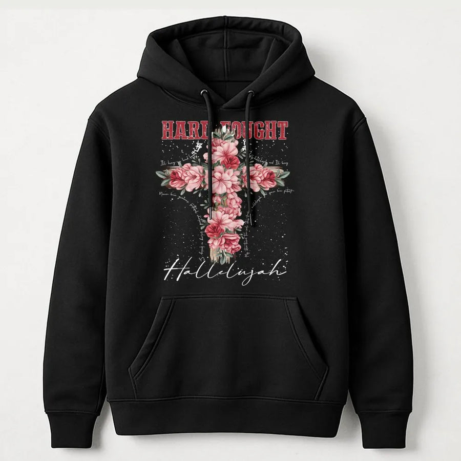 Hard Fought Hallelujah Hoodie | Floral Cross Religious Graphic | Premium Cotton Blend | Christian Faith Gift for Women