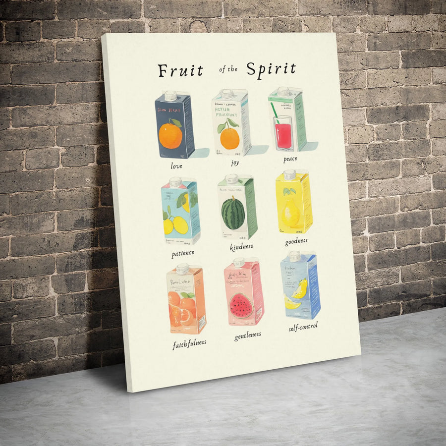 Fruit Of The Spirit Canvas Print | Illustrated Juice Box Bible Verse Art | Premium Gallery Wrap Wall Decor | Christian Gift For Home Or Office
