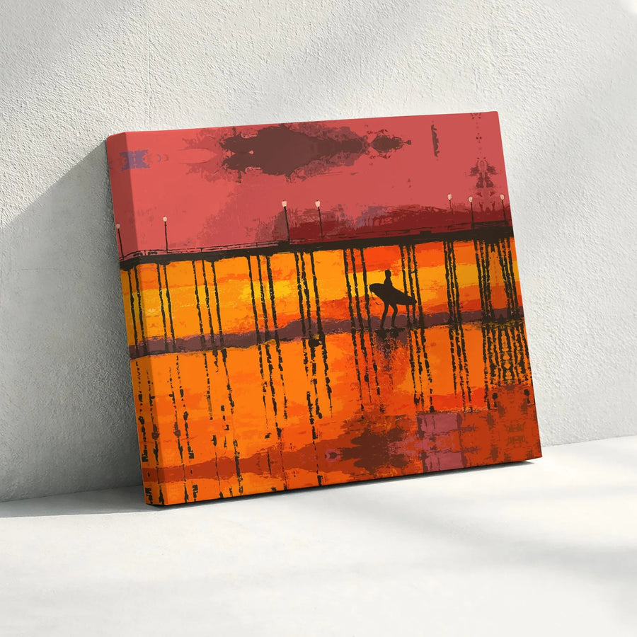 Surfer Silhouette Canvas Print | Coastal Pier Sunset Wall Art | Premium Gallery Wrapped 1.25" Profile | Tropical Beach Decor for Living Room