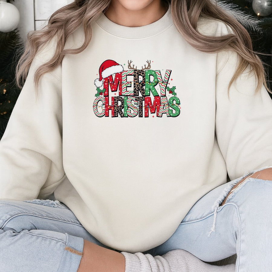 Merry Christmas Sweatshirt | Leopard Print Reindeer Antler Design | Soft Cotton Blend | Festive Holiday Gift For Women And Men