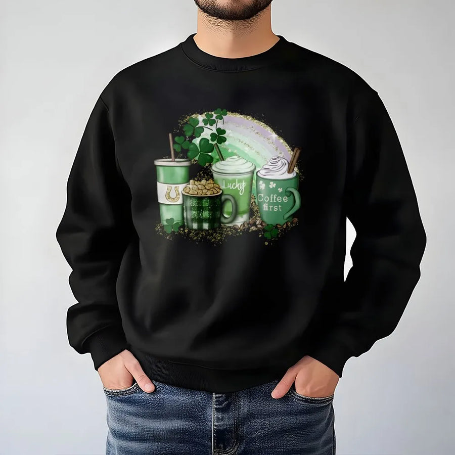 St. Patrick's Day Coffee Sweatshirt | Lucky Shamrock Latte Graphic | Premium Cotton Blend | Unisex Holiday Gift for Coffee Lovers
