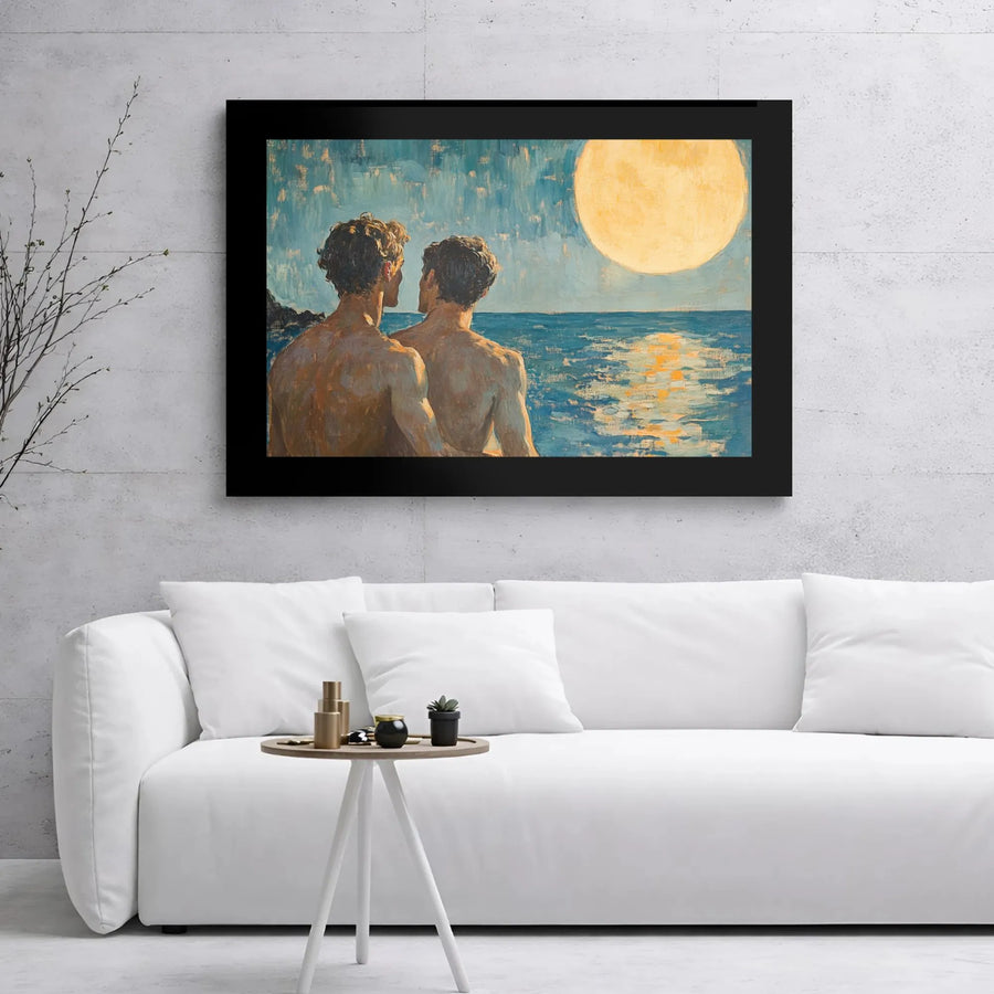 Two Men Watching Full Moon Canvas Art | Romantic Beach Ocean Landscape | Gallery-Wrapped Premium Print | LGBTQ+ Pride Home Decor Wall Gift