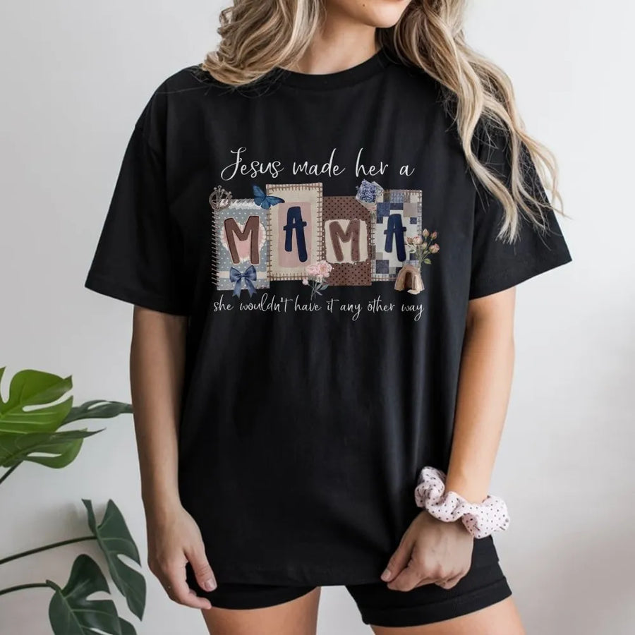 Christian Mom T-Shirt | Jesus Made Her A Mama Graphic Tee | Soft Cotton Religious Shirt | Mothers Day Gift for Her, New Mama Present