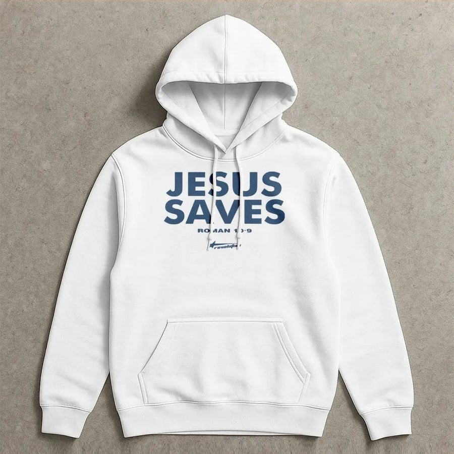 Jesus Saves Hoodie | Romans 10:9 Scriptural Typography | Premium Cotton-Poly Blend | Religious Christian Gift for Men and Women