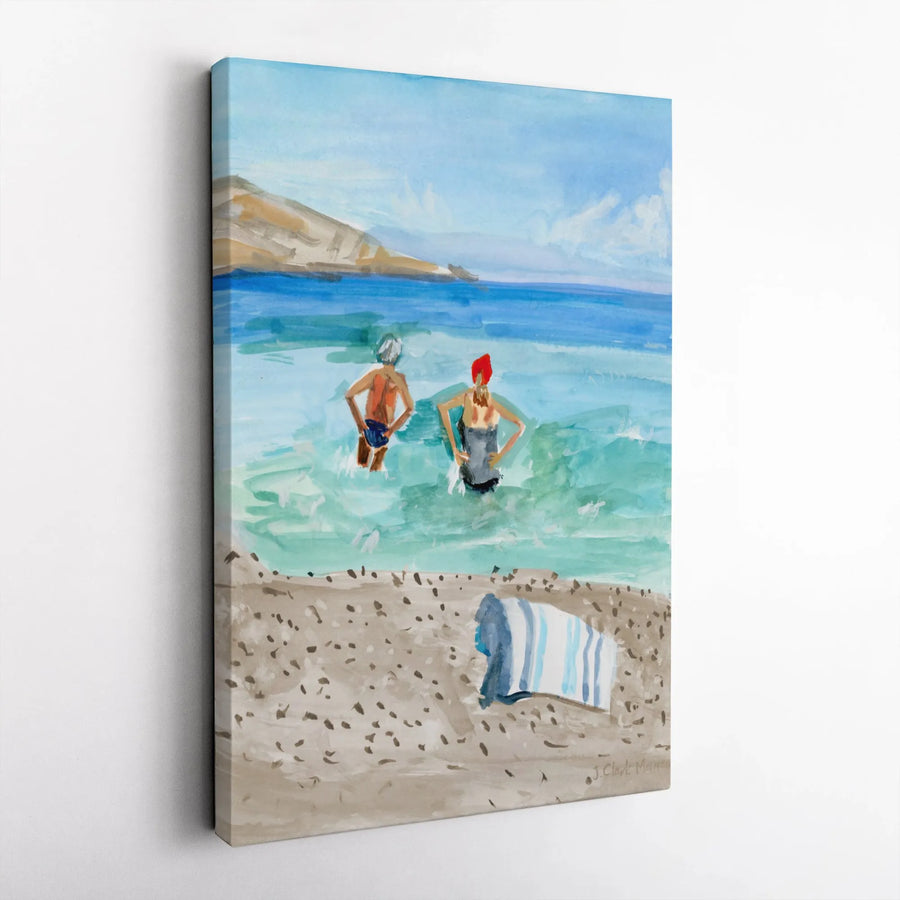 Ocean Swimmers Vertical Canvas | Watercolor Beach Painting Print | Thick Gallery Wrap Canvas | Coastal Living Wall Art Gift