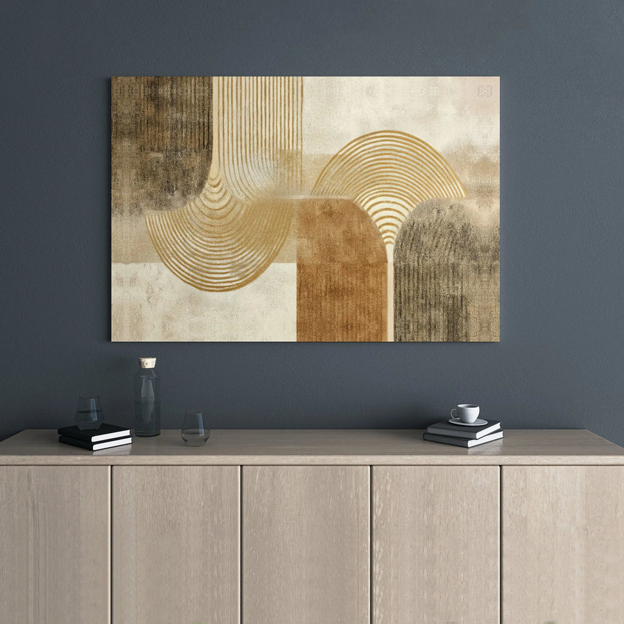 Abstract Geometric Canvas Wall Art | Mid Century Modern Arches with Gold Lines | Premium Gallery Wrapped Decor | Neutral Home Office Decor Gift