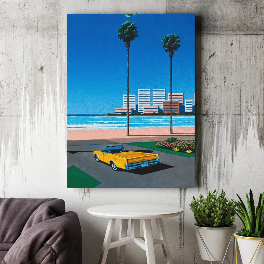 Retro 80s City Pop Art Canvas | Yellow Convertible Palm Tree Beach Print | Gallery-Quality 1.25 Inch Wrap | Aesthetic Vaporwave Wall Decor