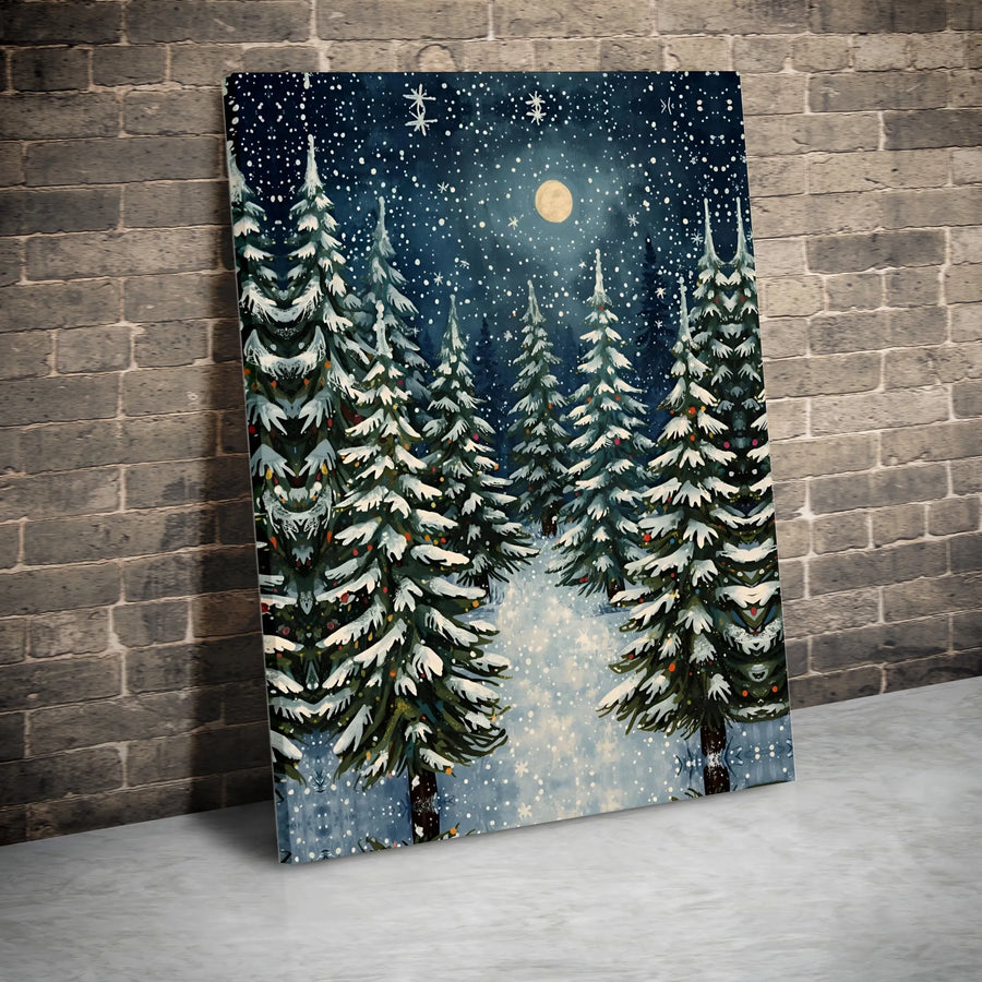 Winter Forest Canvas Wall Art | Snowy Pine Trees Night Landscape | Premium 1.25" Gallery Wrap | Festive Holiday Home Decor Gift