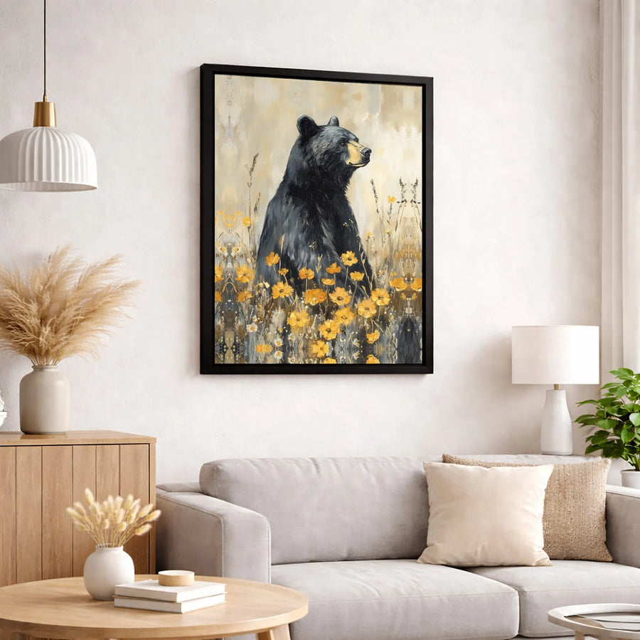 Black Bear Wall Art | Yellow Wildflower Meadow Print | 1.25" Premium Gallery Canvas | Wildlife Nature Decor for Cabin or Living Room