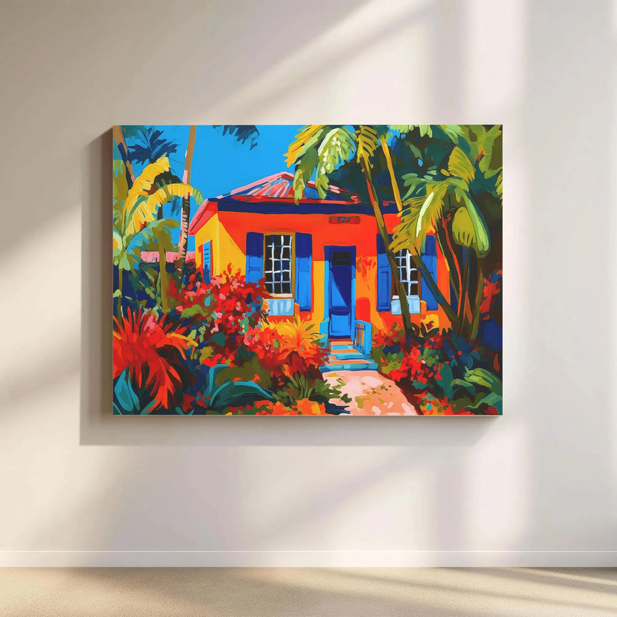 Tropical House Canvas Print | Colorful Island Villa Painting | Premium Gallery Wrapped Canvas | Coastal Home Decor Gift