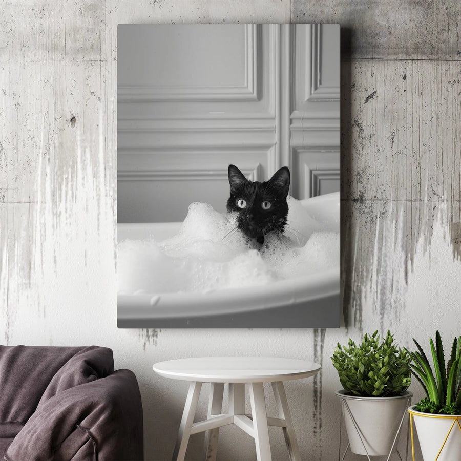 Black Cat in Bathtub Wall Art | Funny Bathing Kitten Photography | Premium Gallery Wrapped Canvas | Whimsical Bathroom Decor Gift