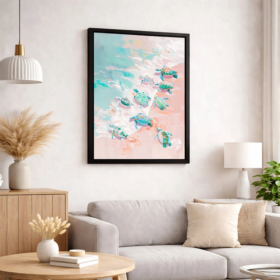 Baby Sea Turtle Wall Art | Abstract Pastel Ocean Beach Painting | Premium Gallery-Wrapped Canvas | Coastal Decor Nursery Gift