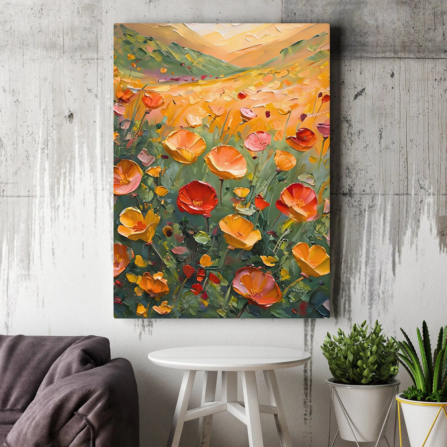Impasto Poppy Field Canvas Print | Abstract Floral Landscape Art | Premium Textured Wall Decor | Modern Gallery Wrapped Painting for Living Room