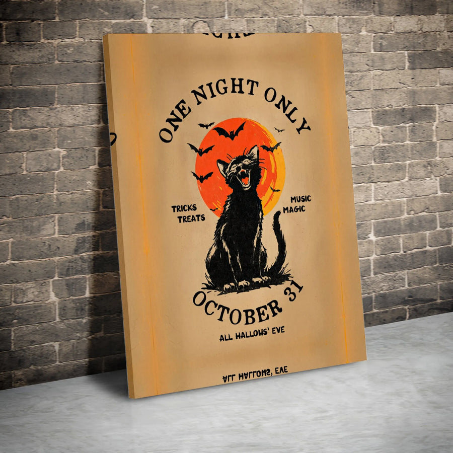 Vintage Halloween Black Cat Canvas Print | Retro October 31 Poster Art | Premium 1.25" Gallery Wrapped Wall Decor | Spooky Witchy Home Gift