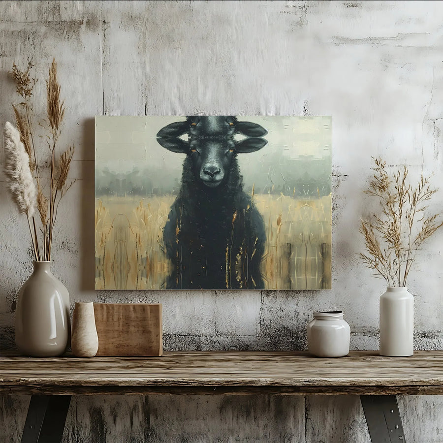 Surreal Black Sheep Wall Art | Four-Eyed Animal Canvas Print | Premium Gallery Wrap Decor | Unique Gothic Home Gift for Farmhouse Lovers