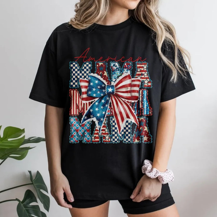 American Mama T-Shirt | Red White Blue Coquette Bow Graphic | Soft Cotton Blend | 4th of July Gift for Mom