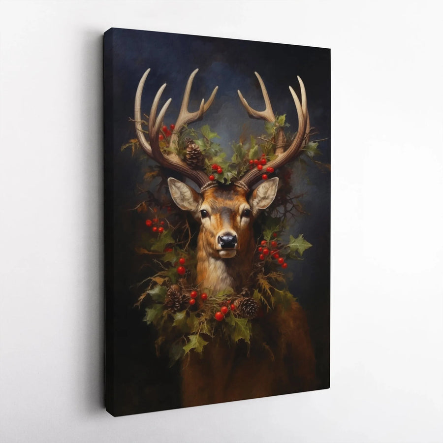 Majestic Deer Christmas Wall Art | Holly and Pine Cone Wreath Canvas | Premium Gallery Wrapped Print | Holiday Home Decor Gift