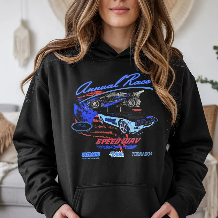 Annual Race Car Hoodie | Retro Speedway Graphic Print | Premium Cotton Blend | Unisex Streetwear Gift for Racing Fans