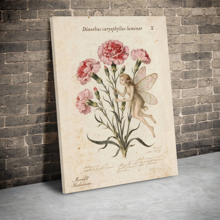 Vintage Botanical Fairy Print | Moonlit Carnation Herbarium Illustration | Premium Gallery Wrapped Canvas | Whimsical Cottagecore Home Decor Wall Art