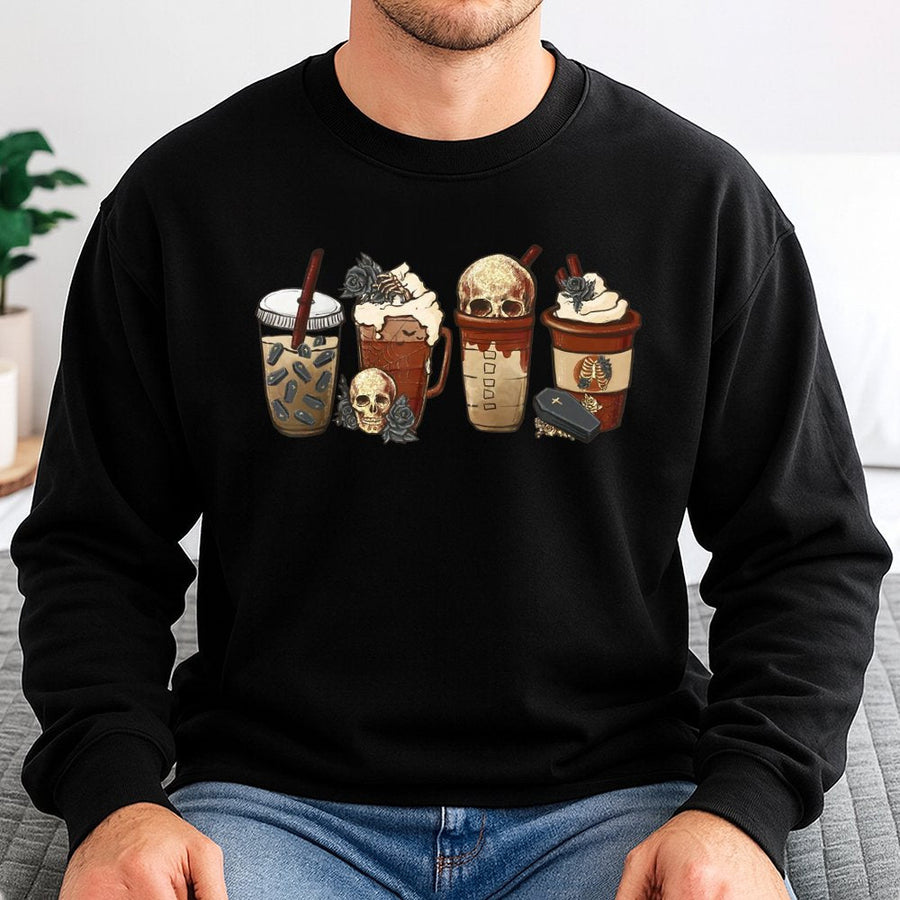Gothic Coffee Sweatshirt | Spooky Skeleton Skull Iced Coffee Graphic | Soft Cotton-Blend Crewneck | Halloween Autumn Gift for Coffee Lovers
