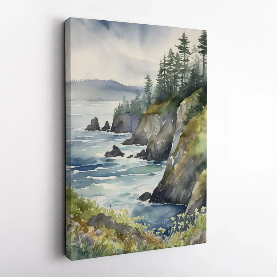 Coastal Landscape Wall Art | Watercolor Rocky Shore with Pine Trees | Premium Gallery-Wrapped Canvas | Serene Nature Home Decor Gift