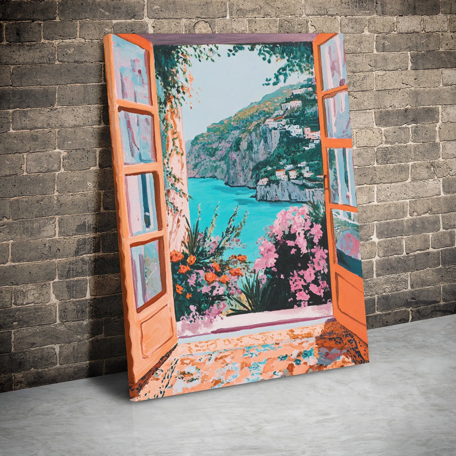 Amalfi Coast Window Canvas Wall Art | Mediterranean Sea View Painting | Gallery Wrap Premium Print | Italian Travel Decor Gift
